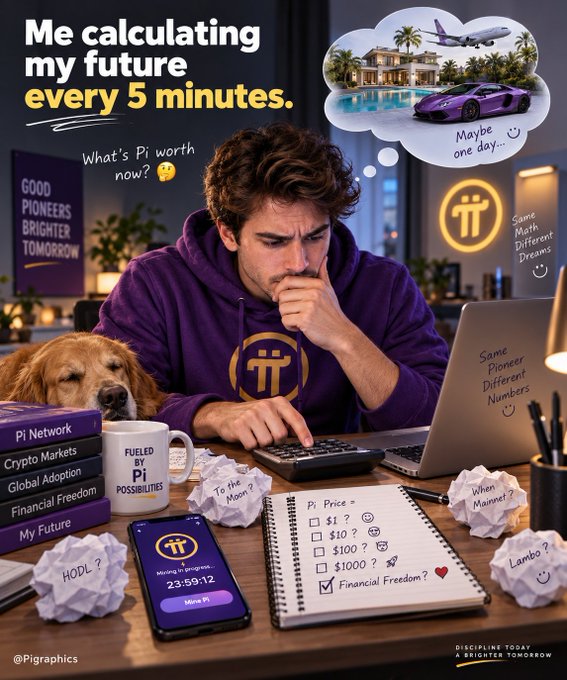 The image shows a young man in a purple Pi Network hoodie intensely focused on calculations at his desk, surrounded by crumpled papers asking "To the Moon?," "HODL?," and "When Mainnet?," with a thought bubble depicting a mansion, private jet, and Lamborghini labeled "Maybe one day..."—perfectly capturing the post's humorous take on Pi Pioneers obsessively recalculating their crypto future every five minutes.