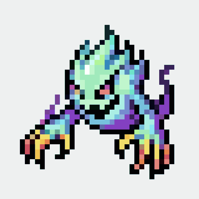 A pixel art illustration of a green and blue creature with purple accents and small claws or legs against a light gray background.