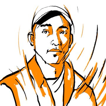 A stylized orange and black line drawing of a man wearing a backwards cap and a collared jacket.