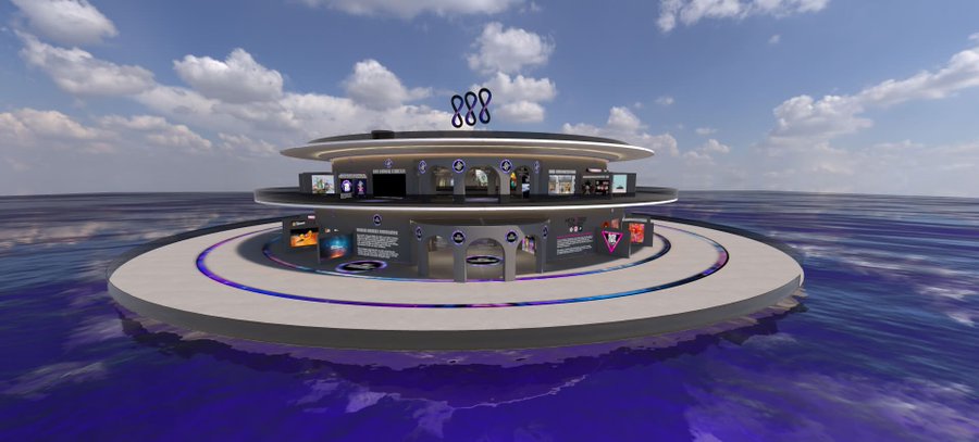 A 3D-rendered virtual exhibition space on a circular platform floating on purple water, featuring multiple screens displaying crypto/tech content under a blue sky with clouds.