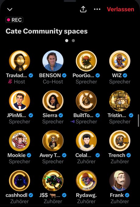 A screenshot of a "Cate Community spaces" Twitter Space recording shows an active speaker lineup including host "Travlad.." (travladd) and speaker "PoorGo..." (PoorGoat_), along with numerous other participants like BENSON, WIZ, JPinMi, Sierra, and BuiltTo, with listeners including Celal, Trench, cashhodl, JS$, Rydawg, and Frank, visually confirming the bustling engagement the post highlights.