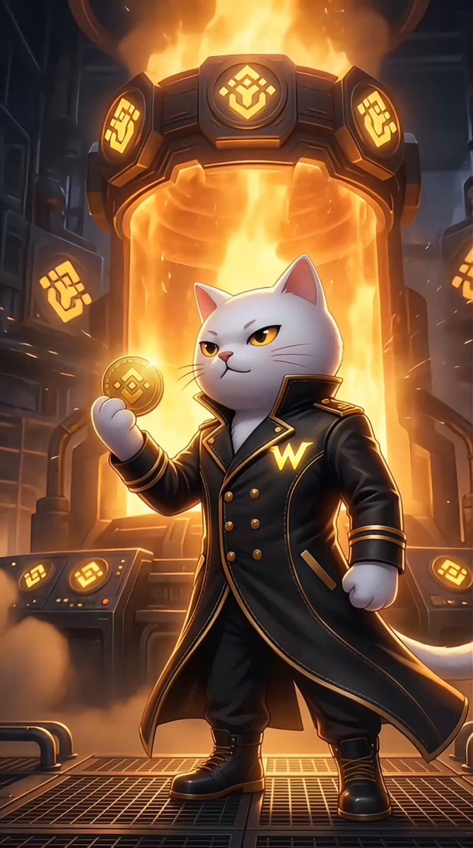 The image features a white cat dressed as a man, standing in front of a building with a yellow fire extinguisher. The cat appears to be wearing a black suit and holding a golden coin in its paws. The background shows a cityscape with buildings and a fire hydrant. The caption reads "While others print money... #BNB keeps burning. This is not just tokenomics. This is discipline. Will U?".