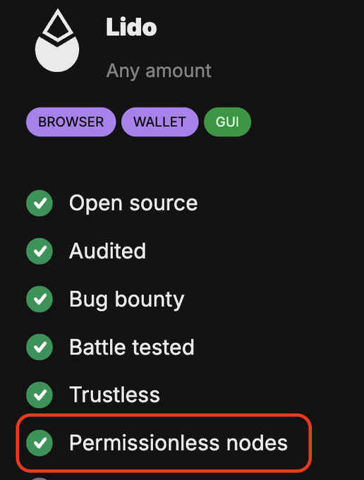 A promotional graphic for the Lido staking protocol listing its features with checkmarks, including 'Open source', 'Audited', 'Bug bounty', 'Battle tested', 'Trustless', and 'Permissionless nodes' (highlighted in red).