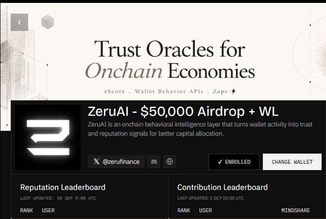 Screenshot of the ZeruAI ($50,000 Airdrop + WL) page featuring 'Trust Oracles for Onchain Economies,' 'zScore,' 'Wallet Behavior APIs,' and 'Zaps,' with Reputation and Contribution Leaderboards and an @zerufinance Twitter handle.