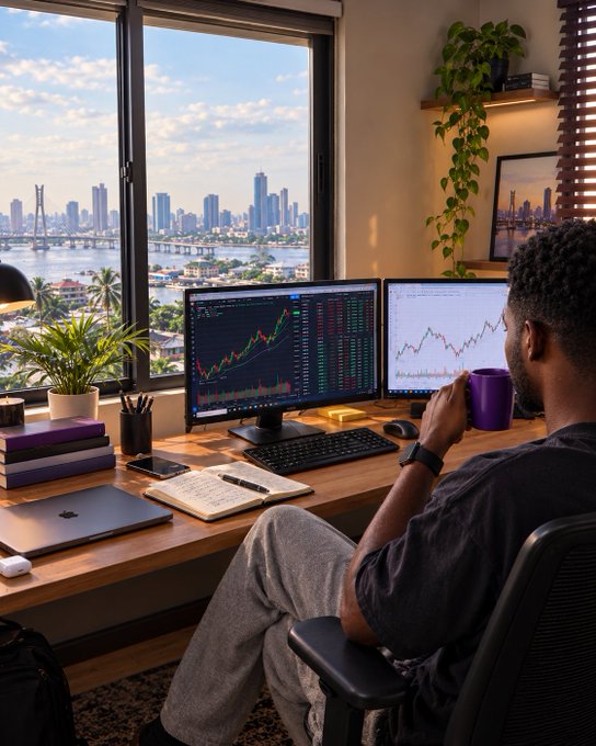 A person sits at a wooden desk viewing financial trading charts on dual monitors, with a city skyline visible through a large window in the background.
