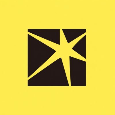 A minimalist logo featuring a black square with a yellow starburst or compass-like design set against a solid yellow background.