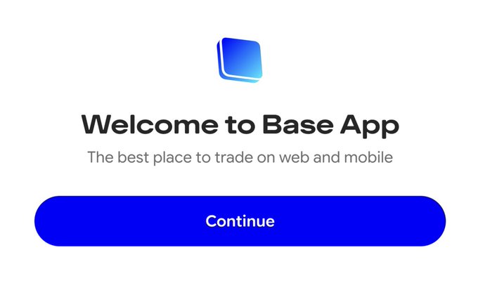 A welcome screen for 'Base App' displays the text 'The best place to trade on web and mobile' above a blue 'Continue' button, with a blue app icon logo at the top.