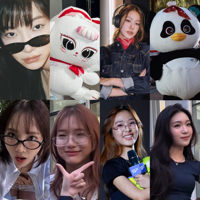 A 2x4 grid showing fan edits pairing members of the NTF (Number Thirty Four) group with their JJJ counterparts, featuring portraits of women alongside plush mascots including a white cat character and a panda. The post celebrates perceived resemblances between the NTF fam and JJJ fam members (Jingjing→Jewel, Jan→Sangt, Namtan→Lunar, Film→Acare), suggesting these visual pairings are evidence of a meaningful connection between the two fandoms.
