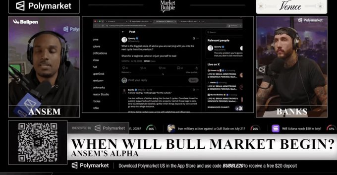 Screenshot of a Polymarket podcast episode titled 'When Will Bull Market Begin? Ansem's Alpha' featuring hosts Ansem and Banks discussing market sentiment and prediction market questions.