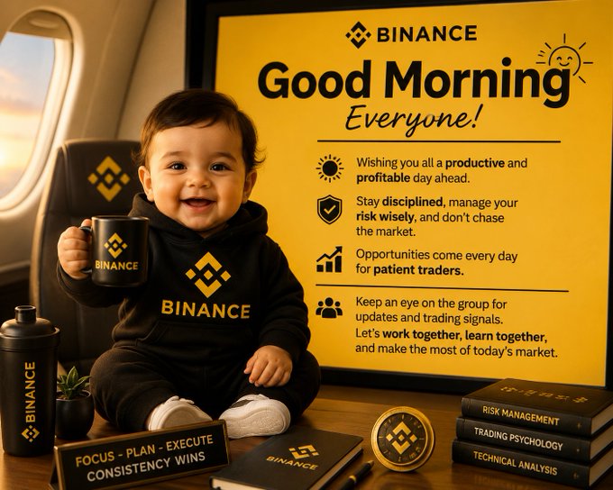 The image features a baby sitting at a desk with various items, including a cup of coffee, books, and a computer mouse. The background includes a poster that says "Good Morning" and another poster that says "Everybody!". The baby is smiling while holding onto their coffee mug.