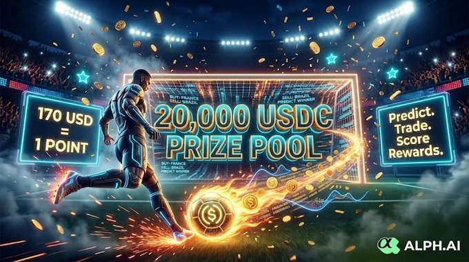 ALPH.AI promotional image featuring a soccer player kicking a glowing ball, advertising a '20,000 USDC PRIZE POOL' with a '170 USD = 1 POINT' reward structure for predicting, trading, and scoring.
