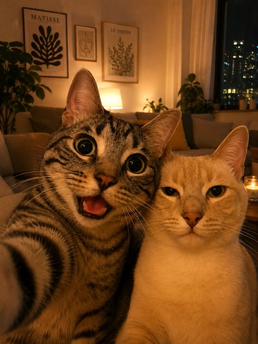 A close-up selfie-style photo of two cats - a tabby cat with its mouth open in apparent surprise on the left and a cream/orange cat with a more neutral expression on the right - in a warmly lit room with Matisse and Le Jardin art prints on the wall and a city skyline visible through a window.