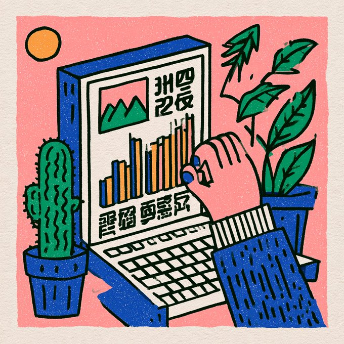 A colorful illustration showing a hand using a computer displaying charts and bar graphs, flanked by a cactus and a potted plant against a pink background.