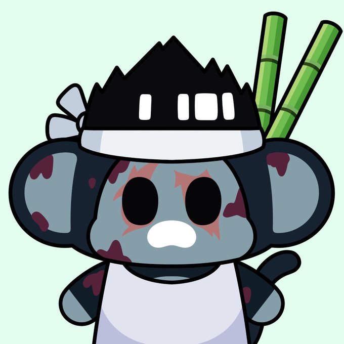 A cartoon panda-like mascot with gray skin and dark red stains wears a black samurai helmet and white apron, with two green bamboo stalks rising behind its head.