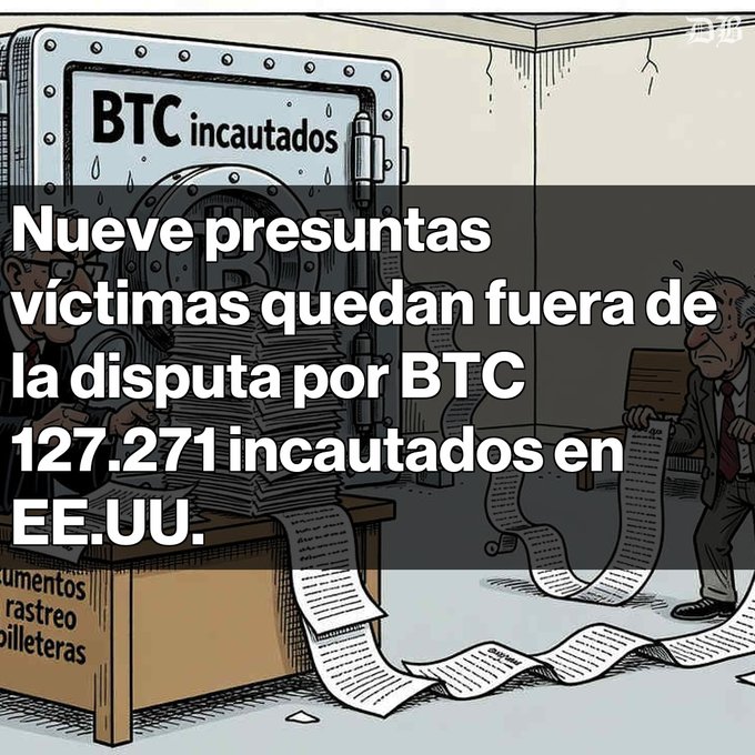 A cartoon-style illustration with Spanish text reading 'Nueve presuntas víctimas quedan fuera de la disputa por BTC 127.271 incautados en EE.UU.' alongside an image labeled 'BTC incautados'.