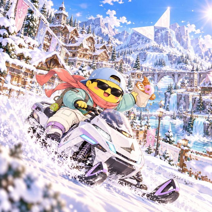 An illustration of a cute character wearing sunglasses and a red scarf riding a futuristic snowmobile in a snowy mountain village.