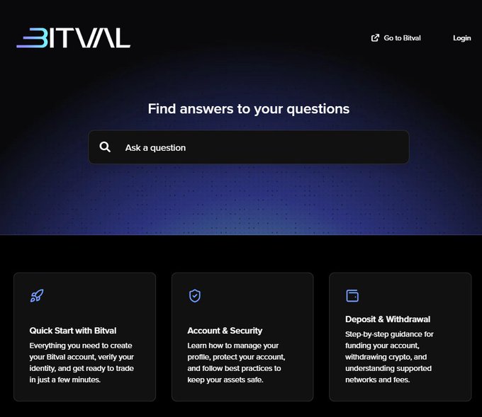 Bitval Exchange’s Help Centre homepage invites users to “Ask a question” and organizes guidance into “Quick Start with Bitval,” “Account & Security,” and “Deposit & Withdrawal,” covering topics like KYC, account protection, and crypto transfers.