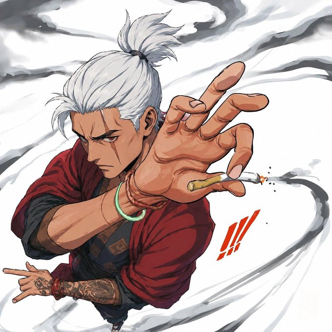An anime-style illustration of a white-haired man with a scar, holding a lit cigarette and reaching forward in a dramatic pose.
