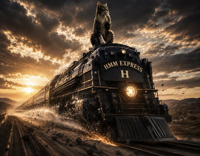 A tabby cat stands triumphantly atop the HMM Express locomotive as it barrels across the tracks through a dramatic sunset, with sparks flying and clouds swirling—powerfully embodying the "Unstoppable" theme through its fearless, commanding pose over the speeding train.