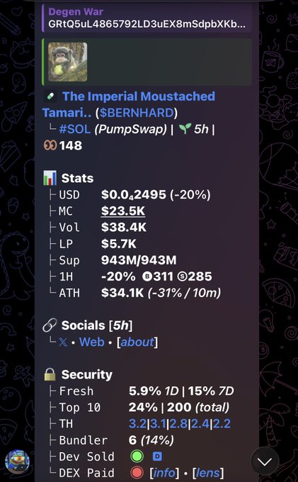 Crypto tracker screen for token 'The Imperial Moustached' ($BERNHARD) on PumpSwap, showing market cap $23.5K, volume $38.4K, down 20%, with security stats indicating bundled holdings.