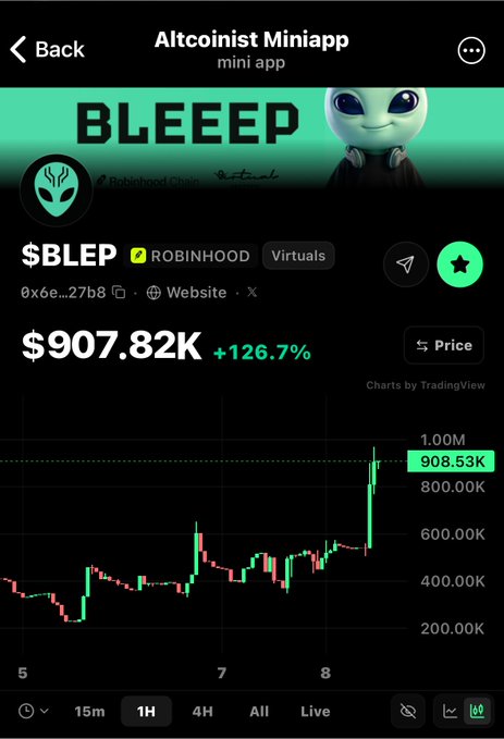 A cryptocurrency tracking app showing $BLEEP on the Robinhood Chain with a price of $907.82K (+126.7%) and a candlestick chart displaying recent price spikes.
