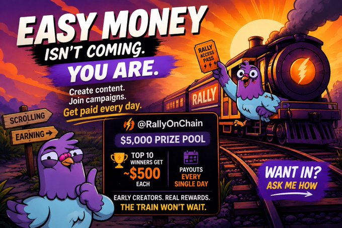 The image features a cartoon train with two birds on top of it, one holding a sign that says "You Are", while another bird holds a sign that says "Easy Money isn't coming. You Are." The background of the image shows a sunset over a train track and some trees in the distance. The post about the cryptocurrency market is related to this scene because it encourages people to join the crypto market, just like how the birds are joining the train.