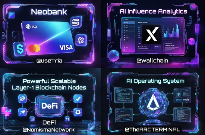 The image shows four different posts or advertisements for various cryptocurrency projects. The first post is about a new type of cryptocurrency called "@useTria" that uses innovative web3 technology, making it easy for users to manage their digital assets. The second post promotes a project named "@wallchain", which focuses on building the blockchain and creating a secure and transparent system for transactions. The third post highlights a new cryptocurrency called "@XRP", emphasizing its potential as a fast and efficient payment solution. Lastly, the fourth post is about a new type of cryptocurrency that uses Visa card support, making it accessible to a wider audience.