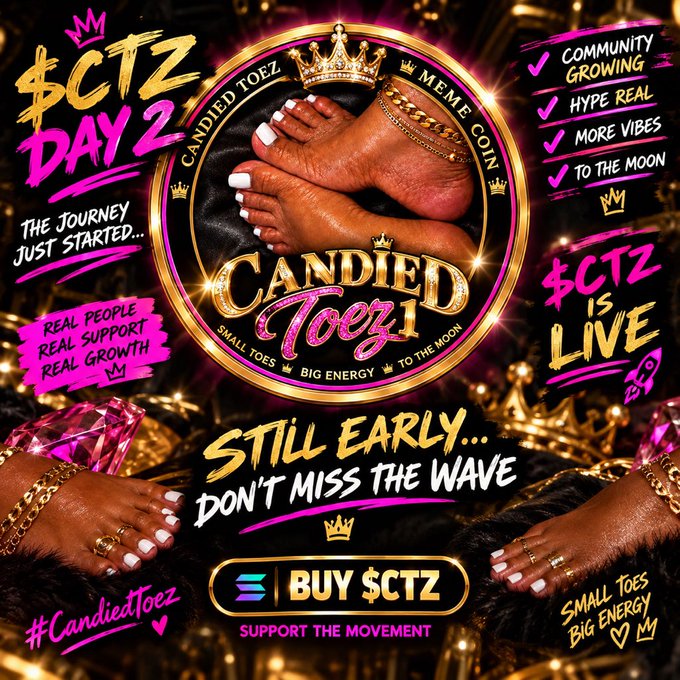A promotional graphic for the $CTZ ($CandiedToez) meme coin, featuring feet imagery, a 'BUY $CTZ' Solana button, and text including 'Day 2', 'Still Early... Don't Miss The Wave', and 'To The Moon'.