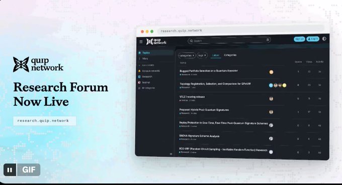 A promotional image for 'quip.network' announcing 'Research Forum Now Live' at research.quip.network, showing a screenshot of the forum interface.