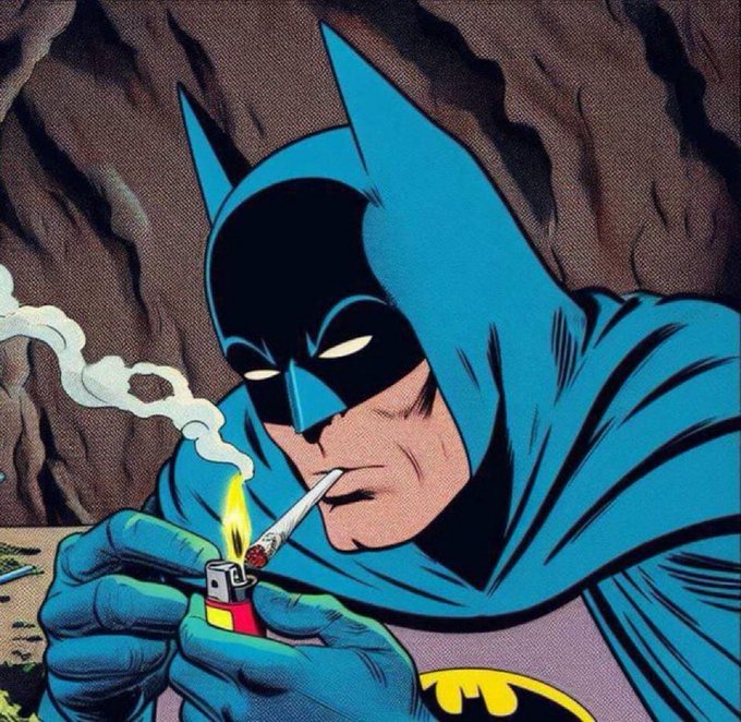 A comic book illustration of Batman in his iconic blue and grey suit, lighting a cigarette with a lighter in a cave setting, with smoke trailing upward.