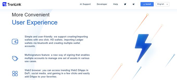 The image shows a TronLink webpage section titled "More Convenient User Experience" that highlights features like simple wallet creation, Ledger import, Bluetooth support, multisignature functionality, and Web3 browser access for DeFi, social media, and gaming. This directly supports the post's message about making Web3 easier to adopt by showcasing how TronLink provides a user-friendly entry point for blockchain interaction.