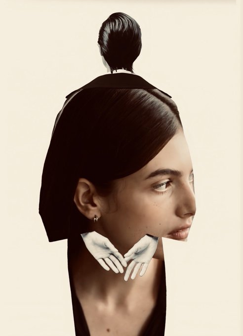 An artistic composite photo featuring the profile of a young woman alongside a silhouette of another person seen from behind, with white gloved hands resting on her chin.