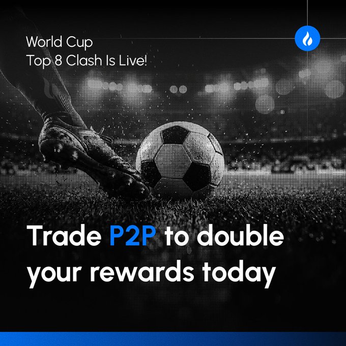The image shows a dramatic black-and-white photo of a foot kicking a soccer ball, with text reading "World Cup Top 8 Clash Is Live!" in the upper left and "Trade P2P to double your rewards today" overlaid in bold white and blue lettering. A blue flame logo appears in the top right corner, tying the World Cup Quarterfinals excitement to HTX's P2P trading promotion offering double rewards.