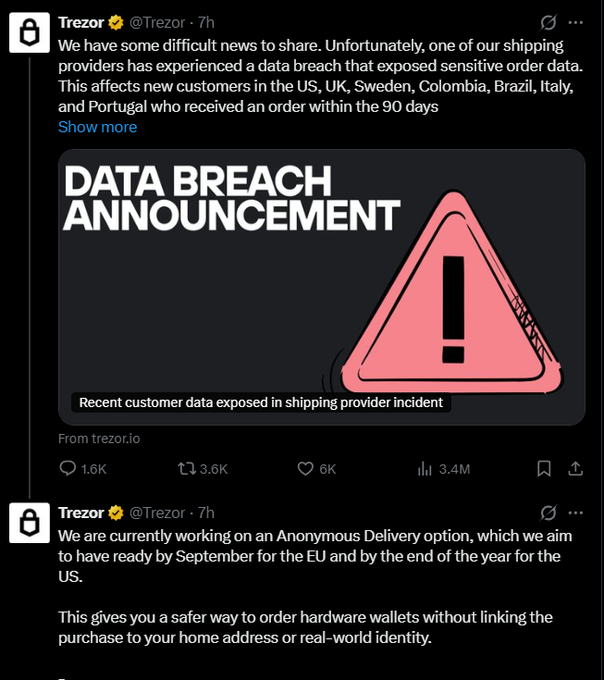 Trezor (@Trezor) announces via X that a shipping provider data breach exposed customer order data for 90-day customers in the US, UK, Sweden, Colombia, Brazil, Italy, and Portugal, while confirming they were not directly hacked. The image includes a "DATA BREACH ANNOUNCEMENT" graphic, noting engagement of 1.6K replies, 3.6K reposts, 6K likes, and 3.4M views.