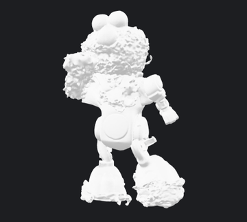 A grayscale 3D render shows a heavily textured, abstract character figure with a bow-like shape on its head, floating against a dark background.