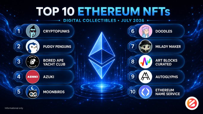 A dark blue infographic titled 'TOP 10 ETHEREUM NFTs DIGITAL COLLECTIBLES • JULY 2026' listing collections like Cryptopunks, Pudgy Penguins, Bored Ape Yacht Club, Azuki, Moonbirds, Doodles, Milady Maker, Art Blocks Curated, Autoglyphs, and Ethereum Name Service around a central Ethereum logo.