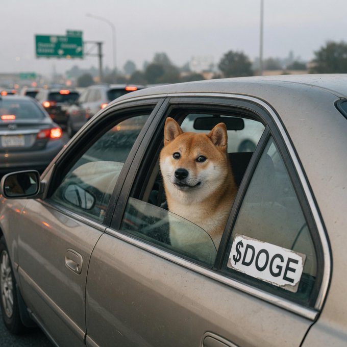 A Shiba Inu dog sits calmly in the back seat of a beige sedan stuck in traffic, with a "$DOGE" sticker visible on the car window. The image playfully mirrors the post's message by showing the meme-worthy Shiba Inu breed waiting patiently through a traffic jam, humorously implying that crypto gains outlast the inconvenience of slow commutes.