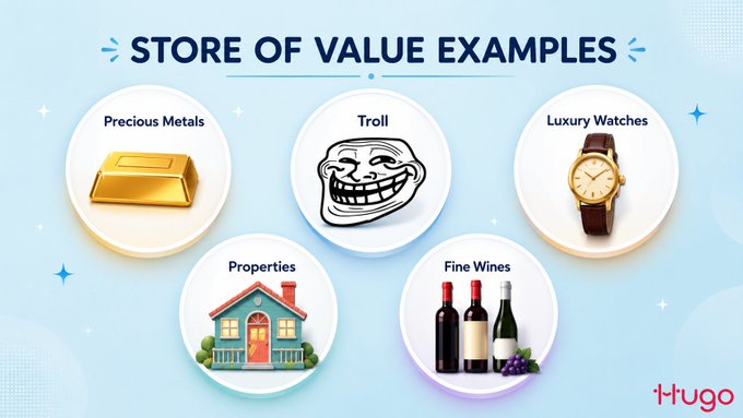 An infographic titled 'STORE OF VALUE EXAMPLES' from 'Hugo' featuring illustrations for Precious Metals, Troll, Luxury Watches, Properties, and Fine Wines.