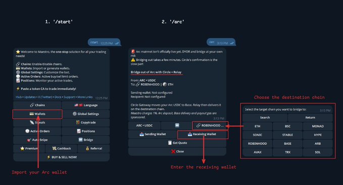 A two-step instructional guide for the Maestro trading bot, showing how to '/start' and import an Arc wallet, then '/arc' and select a destination chain (with Robinhood highlighted) to bridge assets.