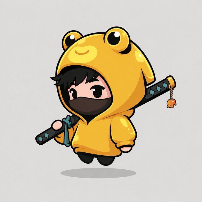 A cute chibi-style character wearing a yellow frog hoodie and a face mask, carrying a sword over their shoulder, designed in the distinctive art style of the Azuki NFT collection.