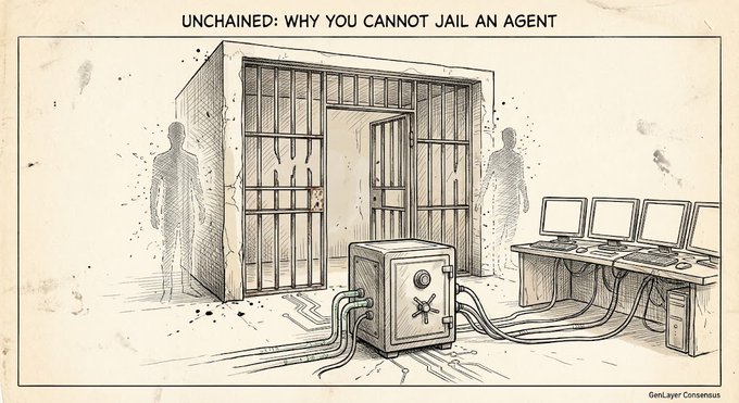 The image is a sepia-toned illustration titled "UNCHAINED: WHY YOU CANNOT JAIL AN AGENT," depicting a jail cell with shadowy humanoid figures passing through its bars, connected via cables to a central device marked with an AI agent icon, which then links to a bank of computer monitors—visually reinforcing the caption's argument that unlike humans, AI agents cannot be physically detained or coerced through traditional enforcement mechanisms like imprisonment.