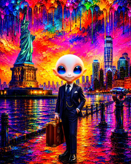 Vibrant, psychedelic AI-generated artwork of a large-eyed alien in a pinstripe suit holding a suitcase, standing before a colorful rendition of the Statue of Liberty and New York City skyline.