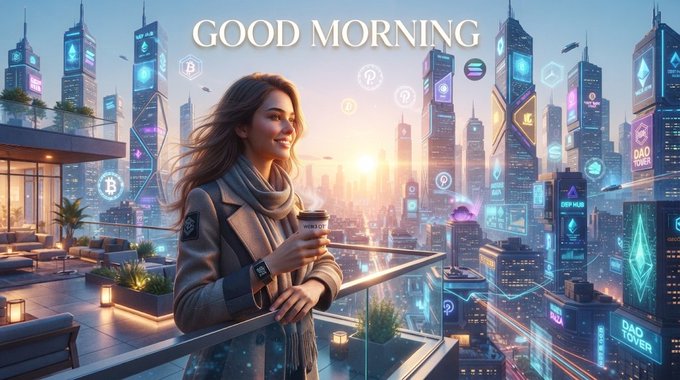 A woman smiles while holding a "WEB3" coffee cup on a balcony overlooking a futuristic, neon-lit cityscape featuring cryptocurrency logos like Bitcoin and Ethereum. The image perfectly complements the post's message of building one morning at a time in Web3, with the sunrise symbolizing a fresh start and the glowing blockchain-themed skyline representing the future being constructed.