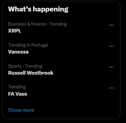 A 'What's happening' trending feed showing XRPL trending in Business & finance, Vanessa trending in Portugal, Russell Westbrook trending in Sports, and FA Vase trending overall.
