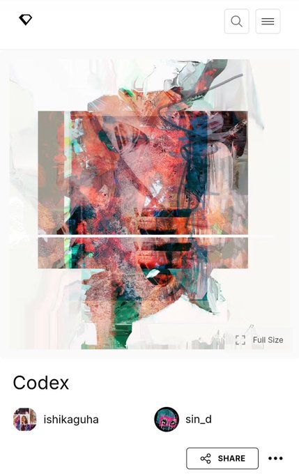 A digital art gallery interface displays an abstract artwork titled "Codex" by artists ishikaguha and sin_d, with share and full-size options.