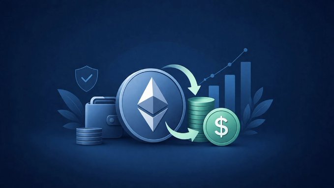 A stylized illustration depicting the conversion of Ethereum into US dollars, featuring an Ethereum coin, a wallet, a shield with a checkmark, stacks of coins, a dollar symbol, and a rising bar chart with exchange arrows on a dark blue background.