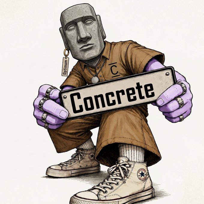 A stylized illustration of a stone-faced figure in brown prison-like clothing and purple hands, squatting while holding a sign that reads 'Concrete' against a plain background.