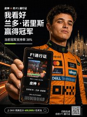 A McLaren Formula 1 driver (Lando Norris) holds up a phone displaying an F1 betting/prediction app with "我看好兰多·诺里斯赢得冠军" (I'm backing Lando Norris to win the championship) and a 38% win probability, tied to the OKX prediction feature mentioned in the post about betting on Norris for race victory.