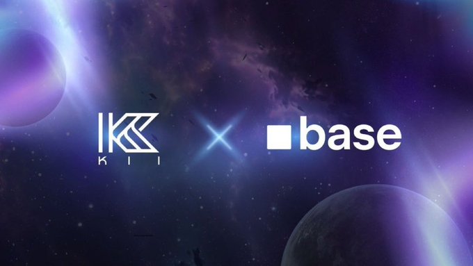A cosmic-themed promotional graphic featuring the logos "KII" and "base" separated by a glowing star against a purple space backdrop with planets, likely announcing a partnership between Kii Chain and Base for cross-border payments.