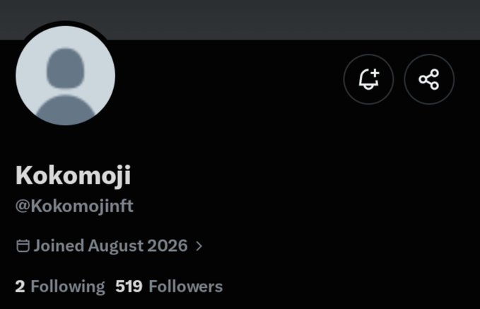 This image shows the X (formerly Twitter) profile of @Kokomojinft, displaying the account's default avatar, a join date of August 2026, and a modest following of 519 followers with only 2 accounts followed—consistent with the post's note that users can follow early before the NFT collection gains traction.
